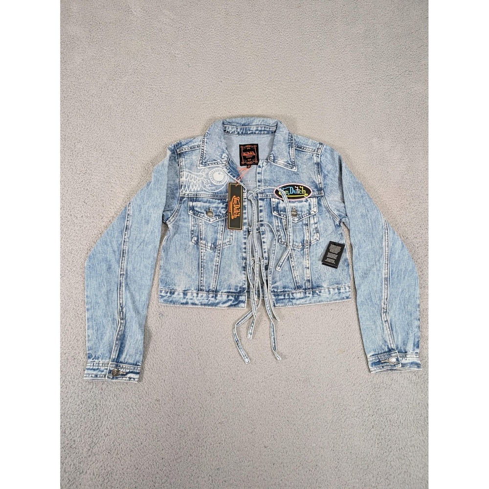 Von Dutch Tie Front Denim Jacket Womens Small Light Wash Patch Logo Embroidered